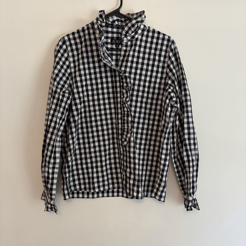 J. Crew Gingham Ruffle Button Up Black & White Size 8 Cotton Business Career